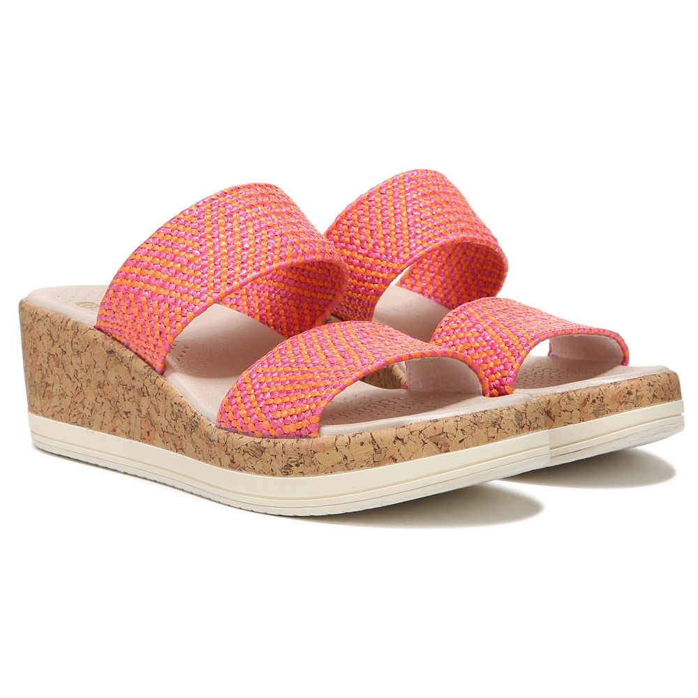 Bzees Resort Wedge Sandal - Pink Orange Raffia Fabric  Bzees Resort Wedge Sandal - Pink Orange Raffia Fabric